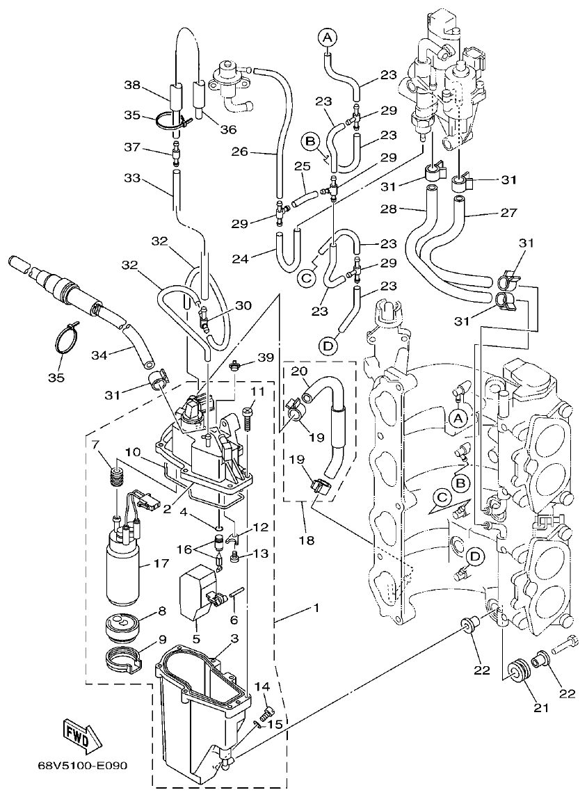 Yamaha F115TR, LF115TR, F115AET, FL115AET FUEL INJECTION PUMP parts diagram